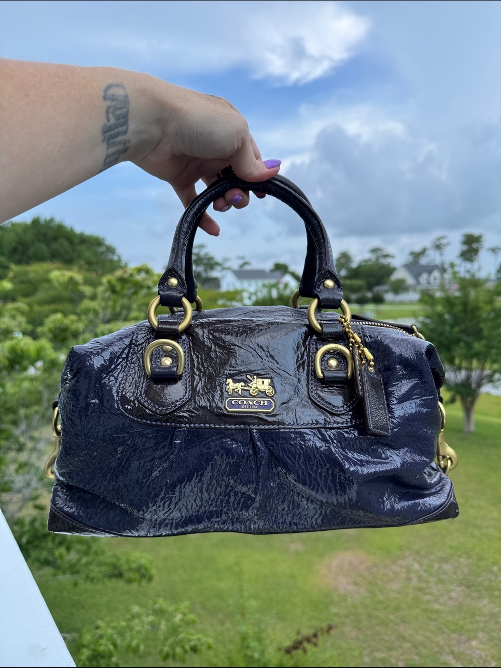 Coach Sabrina Patent Leather Satchel in Deep Purple with Gold Hardware - Picture 15 of 15